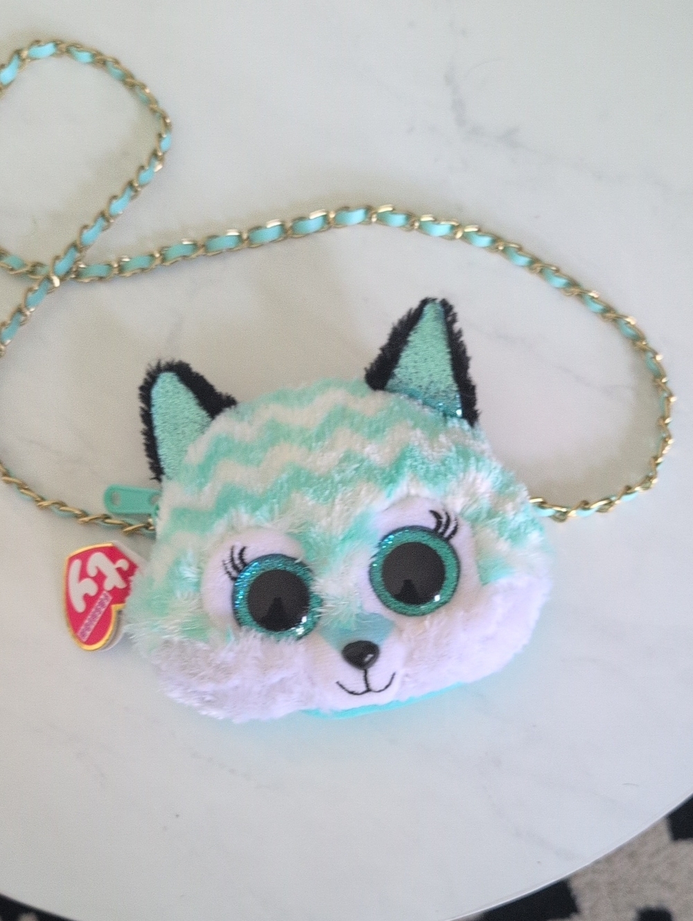 Ty Plush Fox Crossbody Bag in Mint and White with Glitter Eyes